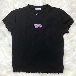Black Taurus Bratz Font Lettuce Hem Crop Top